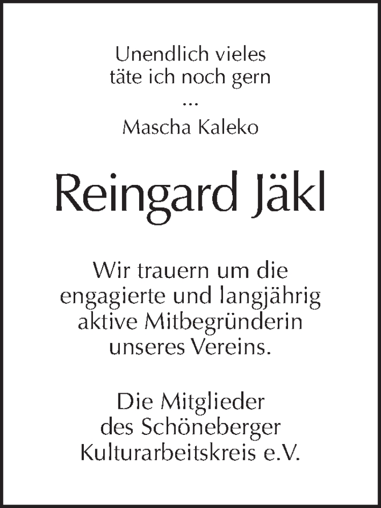  Traueranzeige für Reingard Jäkl vom 11.10.2015 aus Tagesspiegel