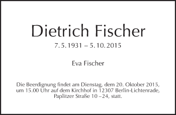 Traueranzeige von Dietrich Fischer von Tagesspiegel