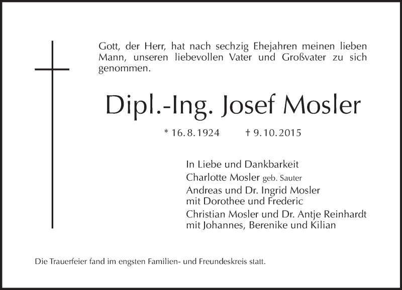  Traueranzeige für Josef Mosler vom 25.10.2015 aus Tagesspiegel