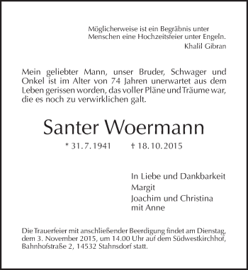 Traueranzeige von Santer Woermann von Tagesspiegel