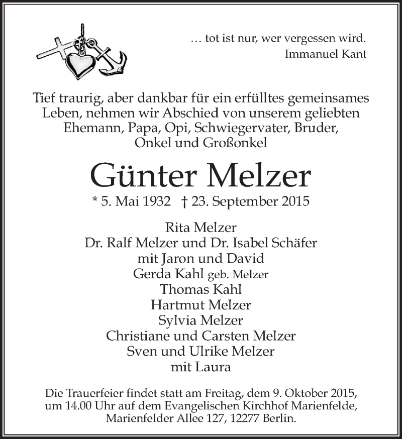  Traueranzeige für Günter Melzer vom 04.10.2015 aus Tagesspiegel