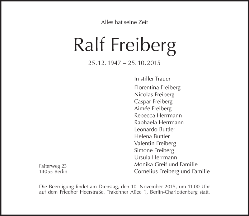  Traueranzeige für Ralf Freiberg vom 01.11.2015 aus Tagesspiegel