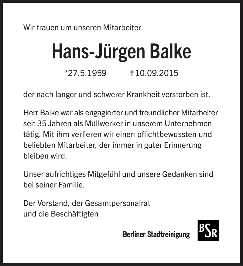  Traueranzeige für Hans-Jürgen Balke vom 04.10.2015 aus Tagesspiegel