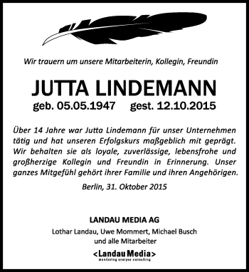 Traueranzeige von Jutta Lindemann von Tagesspiegel