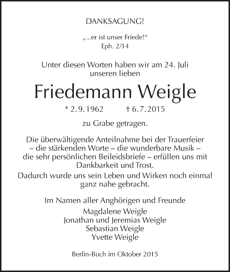  Traueranzeige für Friedemann Weigle vom 01.11.2015 aus Tagesspiegel
