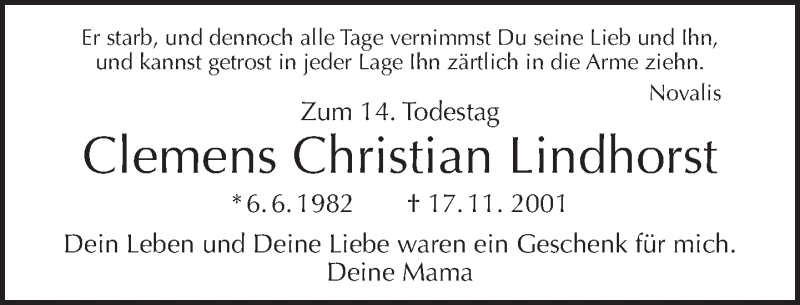  Traueranzeige für Clemens Christian Lindhorst vom 17.11.2015 aus Tagesspiegel