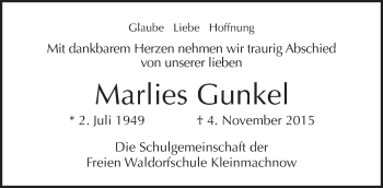 Traueranzeige von Marlies Gunkel von Tagesspiegel