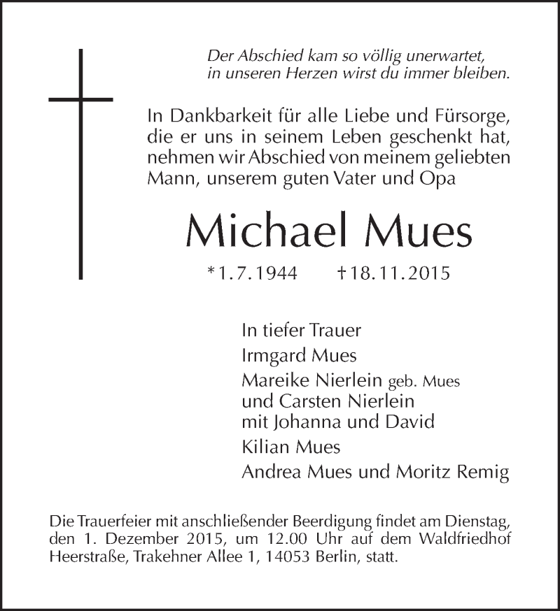  Traueranzeige für Michael Mues vom 22.11.2015 aus Tagesspiegel