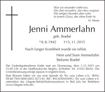 Traueranzeige von Jenni Ammerlahn von Tagesspiegel