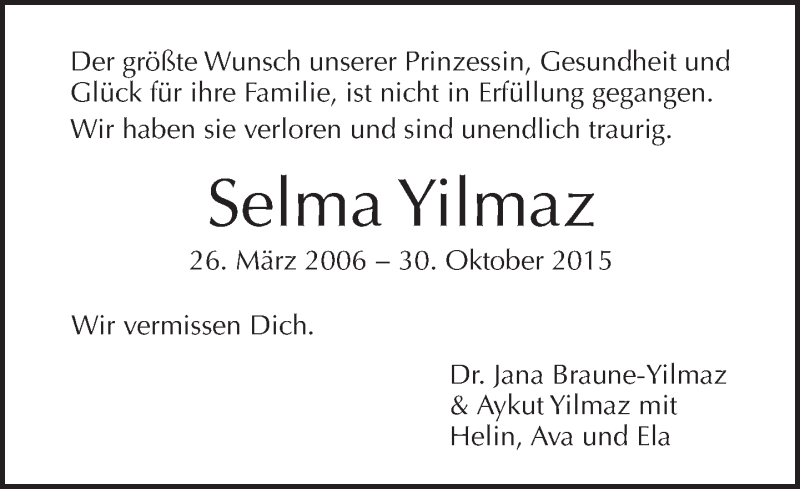  Traueranzeige für Selma Yilmaz vom 22.11.2015 aus Tagesspiegel