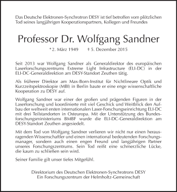 Traueranzeige von Wolfgang Sandner von Tagesspiegel