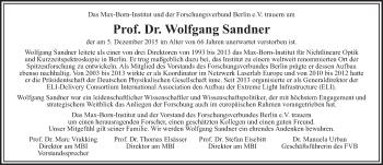 Traueranzeige von Wolfgang Sandner von Tagesspiegel