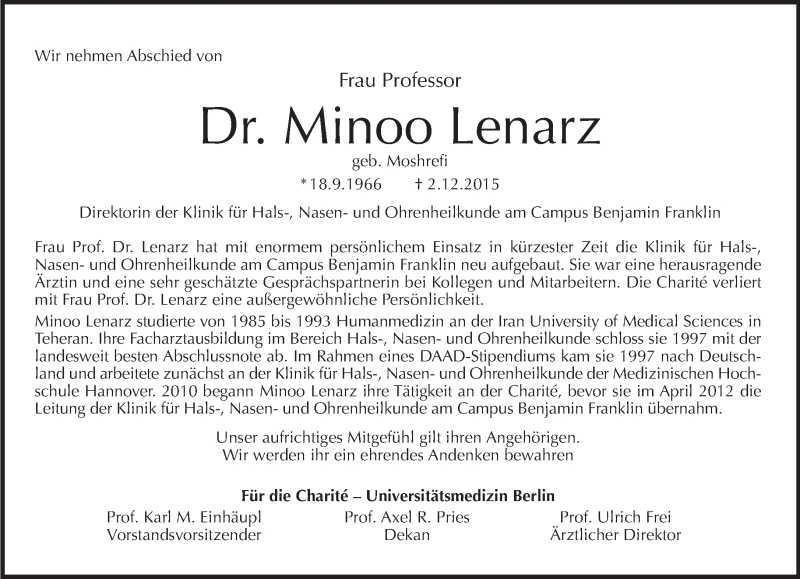  Traueranzeige für Minoo Lenarz vom 06.12.2015 aus Tagesspiegel