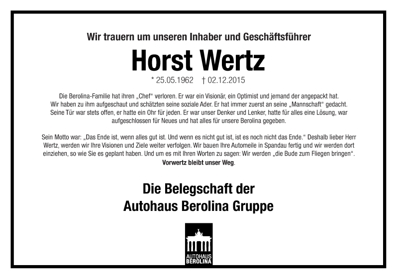  Traueranzeige für Horst Wertz vom 13.12.2015 aus Tagesspiegel