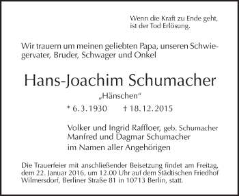 Traueranzeige von Hans-Joachim Schumacher von Tagesspiegel