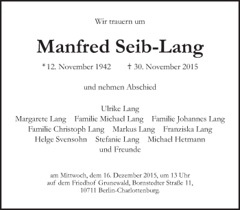 Traueranzeige von Manfred Seib-Lang von Tagesspiegel