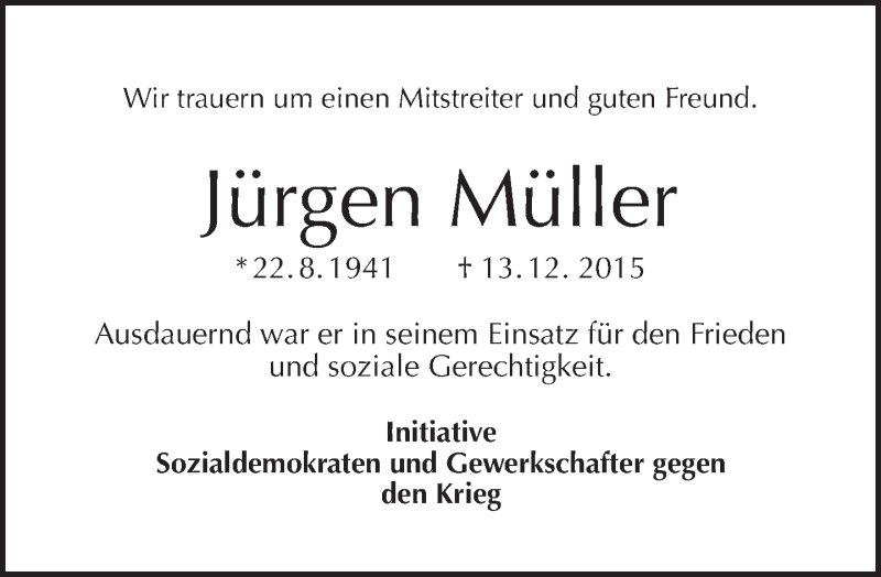  Traueranzeige für Jürgen Müller vom 20.12.2015 aus Tagesspiegel