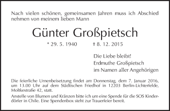 Traueranzeige von Günter Großpietsch von Tagesspiegel