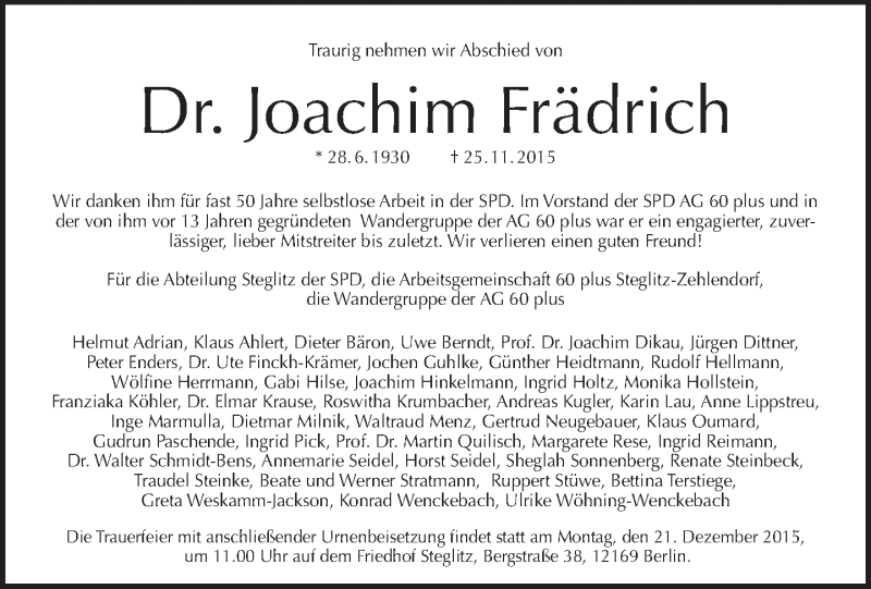  Traueranzeige für Joachim Frädrich vom 13.12.2015 aus Tagesspiegel