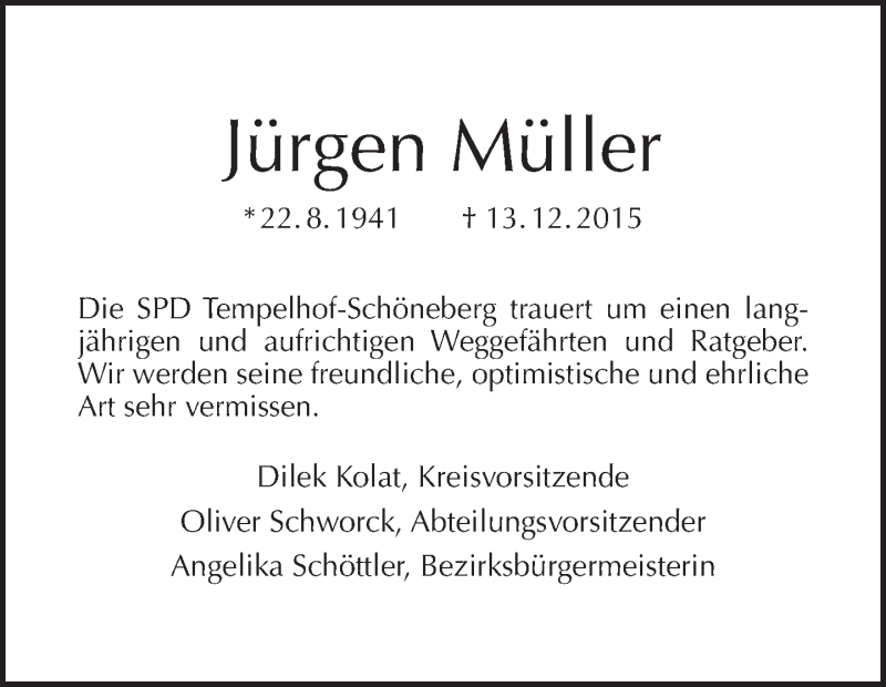  Traueranzeige für Jürgen Müller vom 20.12.2015 aus Tagesspiegel