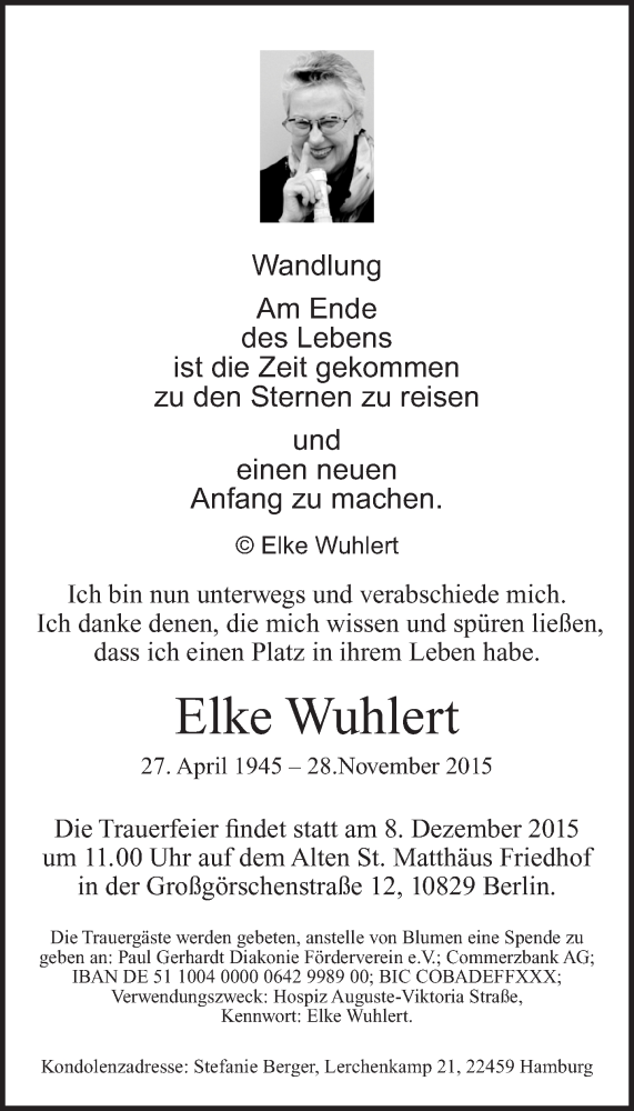  Traueranzeige für Elke Wuhlert vom 06.12.2015 aus Tagesspiegel