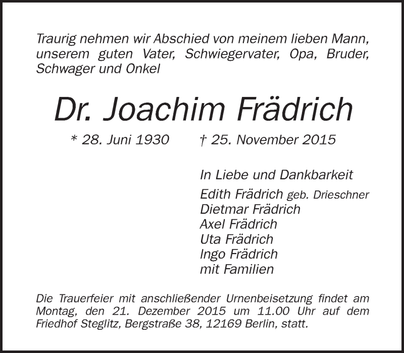  Traueranzeige für Joachim Frädrich vom 06.12.2015 aus Tagesspiegel