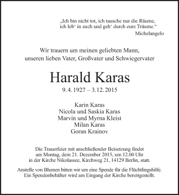 Traueranzeige von Harald Karas von Tagesspiegel