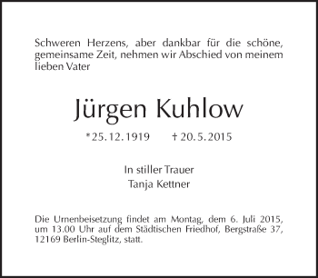 Traueranzeige von Jürgen Kuhlow von Tagesspiegel