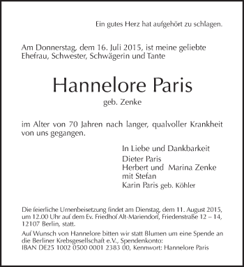 Traueranzeige von Hannelore Paris von Tagesspiegel