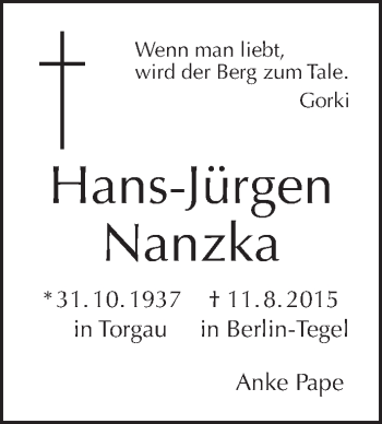 Traueranzeige von Hans-Jürgen Nanzka von Tagesspiegel