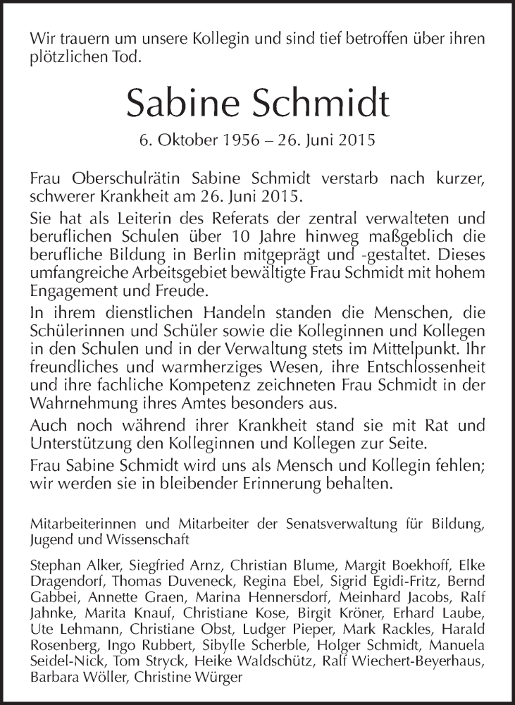 Traueranzeigen Von Sabine Schmidt | Tagesspiegel Trauer