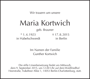 Traueranzeige von Maria Kortwich von Tagesspiegel