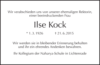 Traueranzeige von Ilse Kock von Tagesspiegel