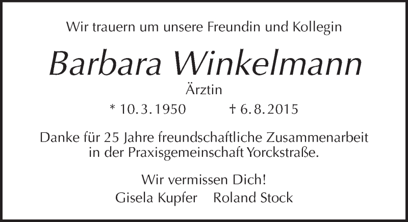  Traueranzeige für Barbara Winkelmann vom 16.08.2015 aus Tagesspiegel