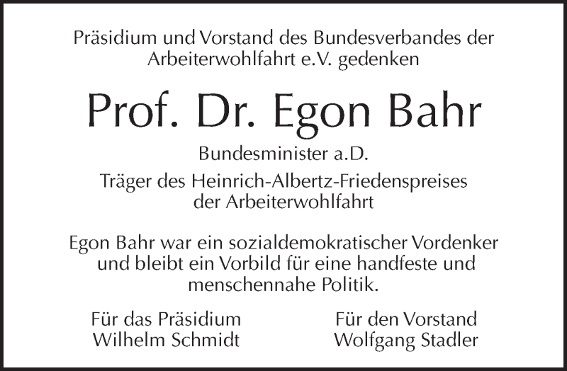  Traueranzeige für Egon Bahr vom 23.08.2015 aus Tagesspiegel