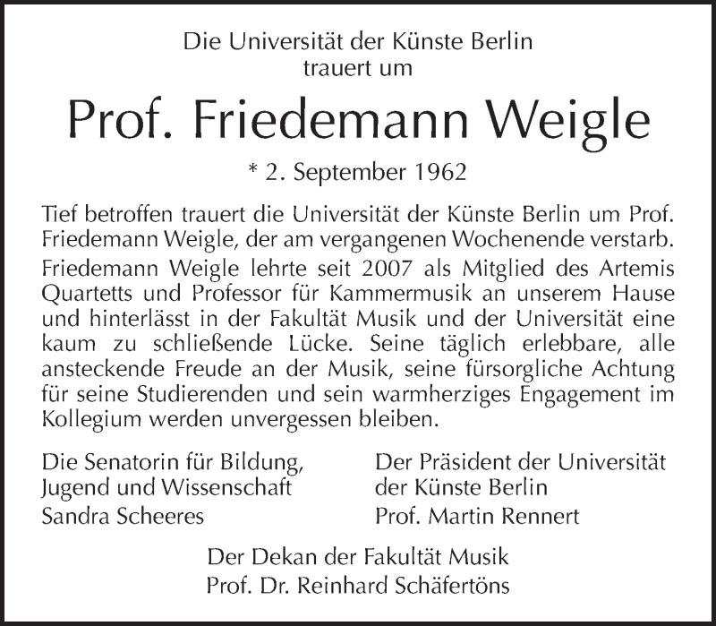  Traueranzeige für Friedemann Weigle vom 12.07.2015 aus Tagesspiegel