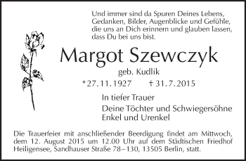 Traueranzeige von Margot Szewczyk von Tagesspiegel