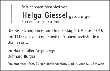 Traueranzeige von Helga Giessel von Tagesspiegel