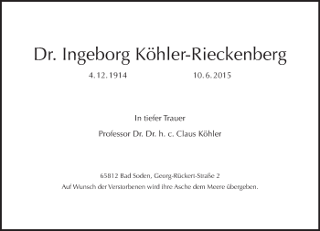 Traueranzeige von Ingeborg Khler-Rieckenberg von Tagesspiegel