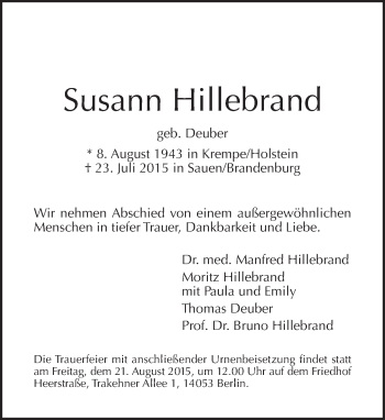 Traueranzeige von Susann Hillebrand von Tagesspiegel