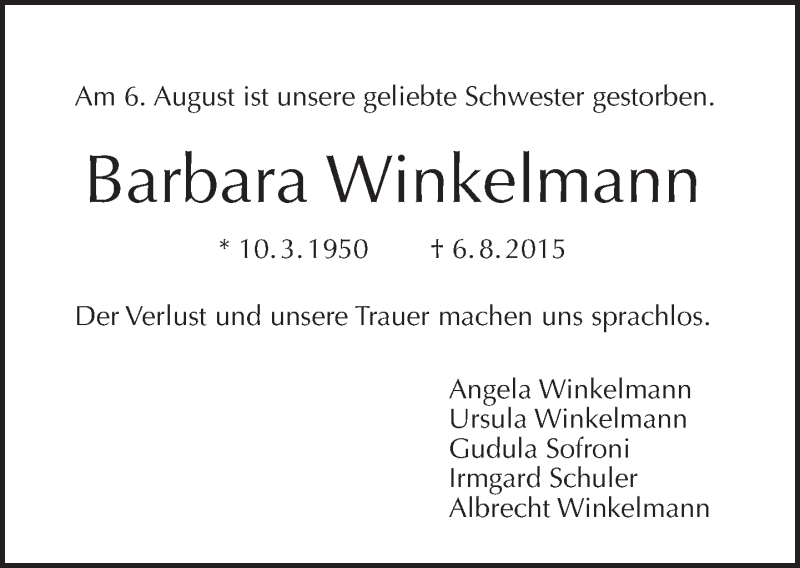  Traueranzeige für Barbara Winkelmann vom 16.08.2015 aus Tagesspiegel