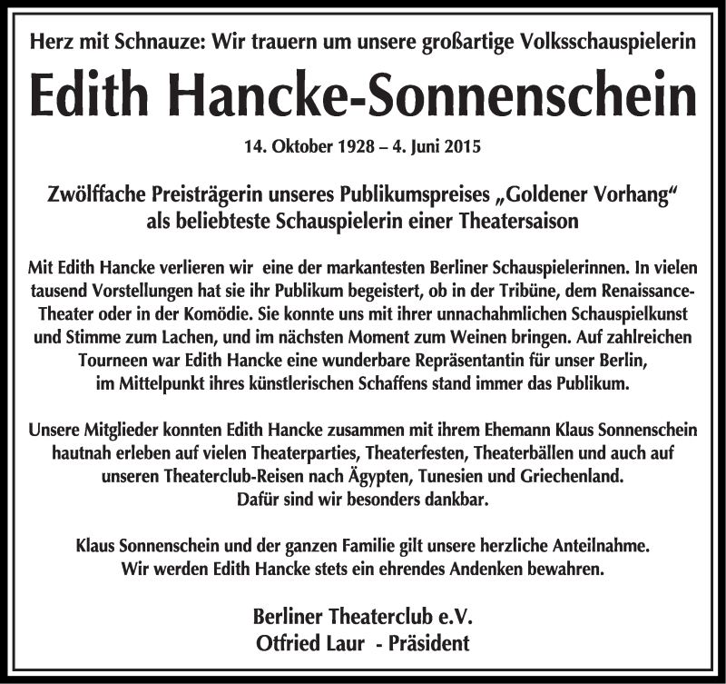  Traueranzeige für Edith Hancke-Sonnenschein vom 14.06.2015 aus Tagesspiegel