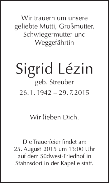 Traueranzeige von Sigrid Lézin von Tagesspiegel