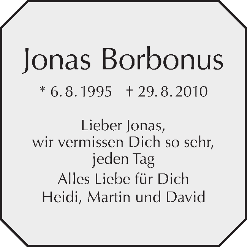  Traueranzeige für Jonas Borbonus vom 06.08.2015 aus Tagesspiegel