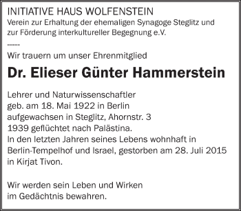 Traueranzeige von Elieser Günter Hammerstein von Tagesspiegel