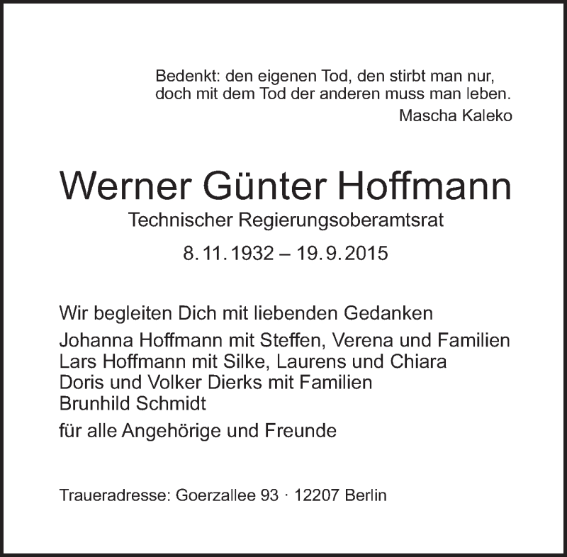  Traueranzeige für Werner Günter Hoffmann vom 27.09.2015 aus Tagesspiegel