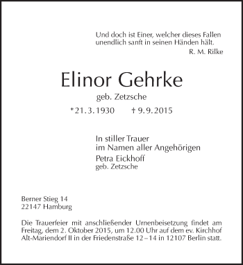 Traueranzeige von Elinor Gehrke von Tagesspiegel