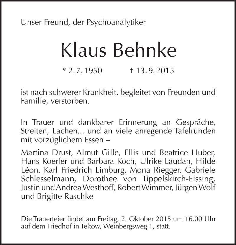  Traueranzeige für Klaus Behnke vom 27.09.2015 aus Tagesspiegel