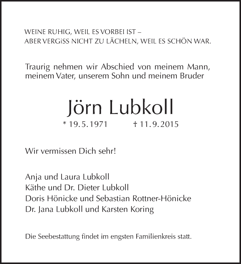 Traueranzeige für Jörn Lubkoll vom 20.09.2015 aus Tagesspiegel