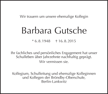 Traueranzeige von Barbara Gutsche von Tagesspiegel